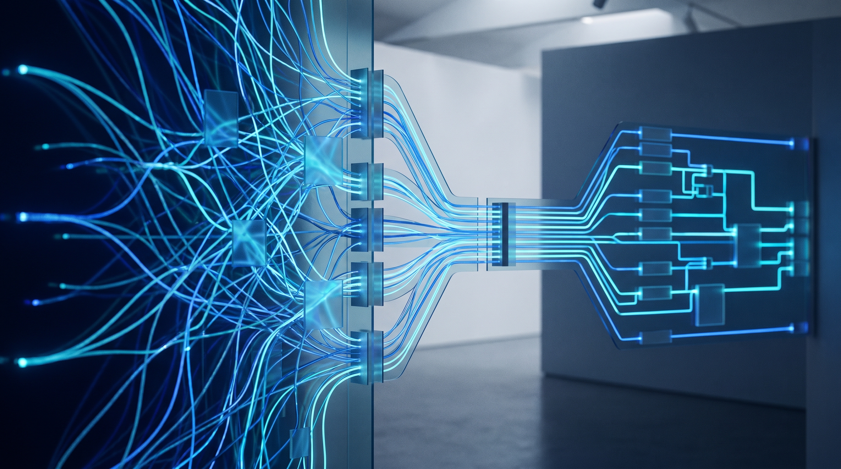 Editorial visualization of branching neural pathways converging into a single deterministic rule path, in deep navy and cyan tones.