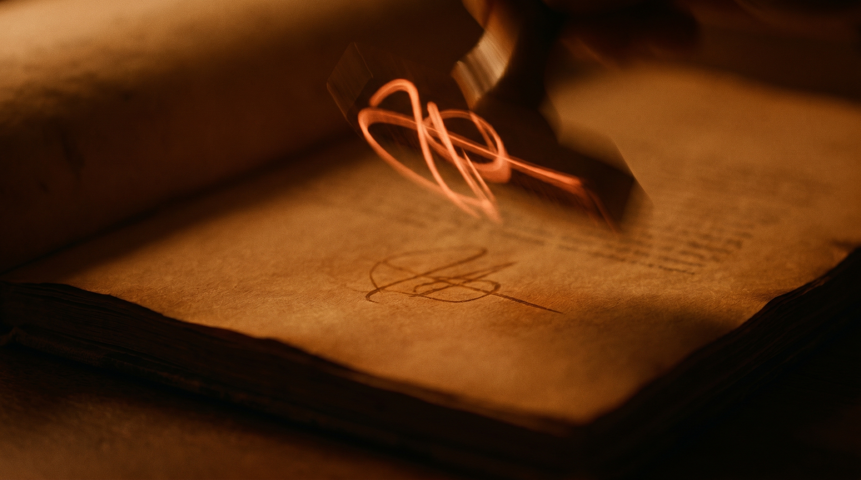 Editorial visualization of a stylized signature stroke over an abstract document, in deep burnt amber and orange tones.