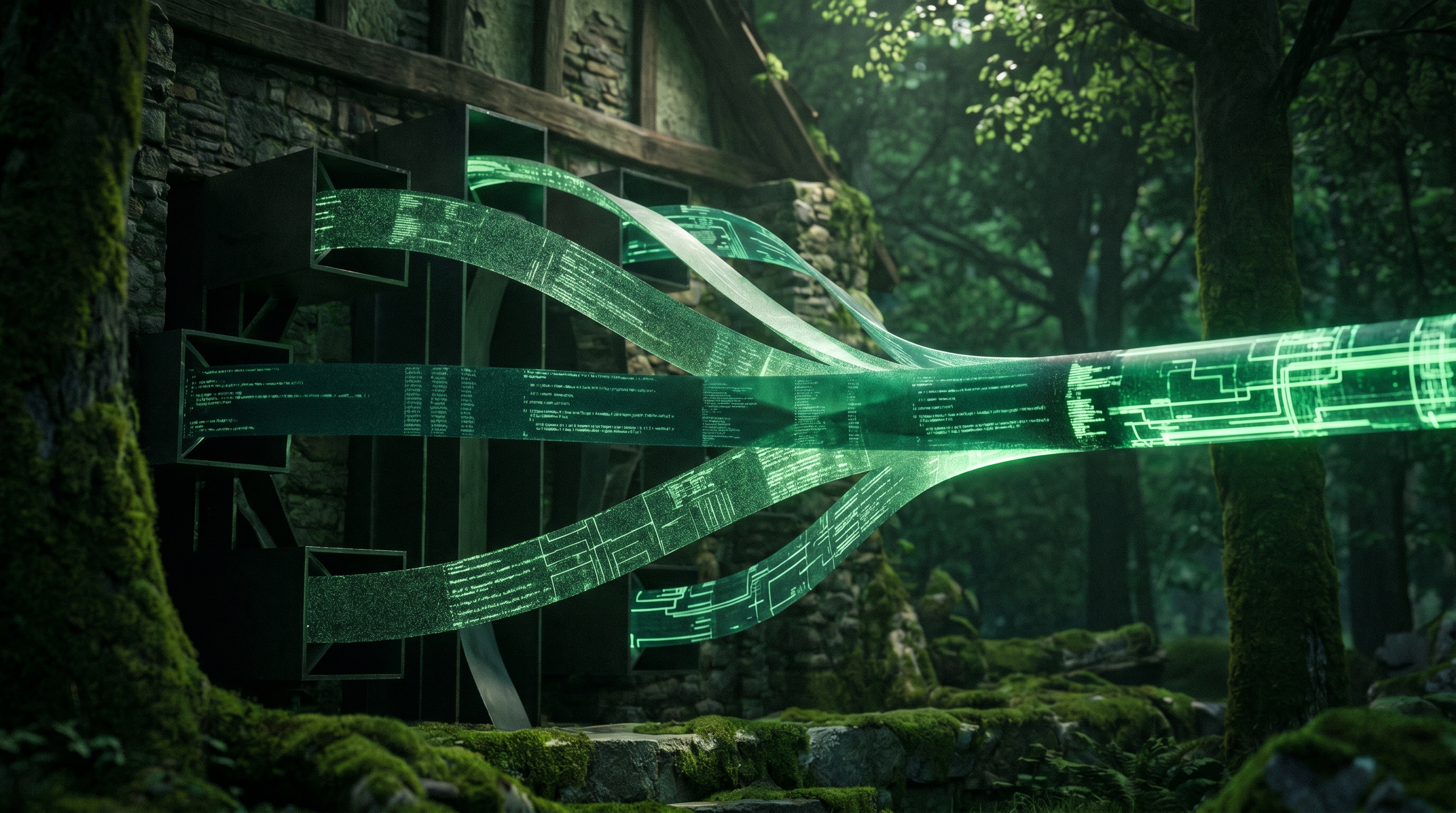 Editorial visualization of multiple data ribbons converging into a single unified flow, in deep forest green and bright green tones.
