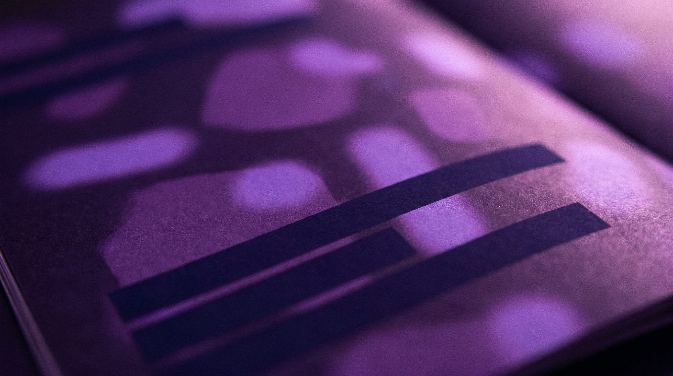 Editorial visualization of a document with redacted blocks and partial blur, in deep violet and bright purple tones.